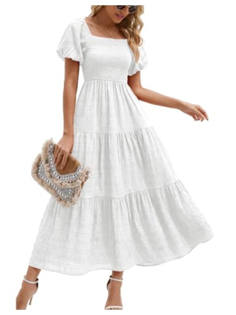 Puff Short Sleeve Maxi Dress with Pockets A-Line Flowy Square Neck